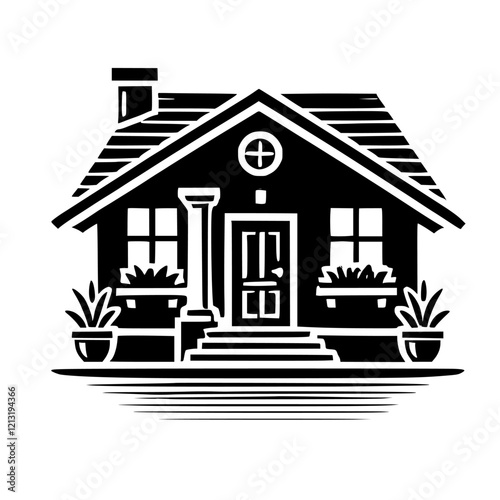 Monochrome House Illustration: A Simple and Modern Home Design. Perfect for real estate, architecture, and home decor projects. Geometric style, black and white image.