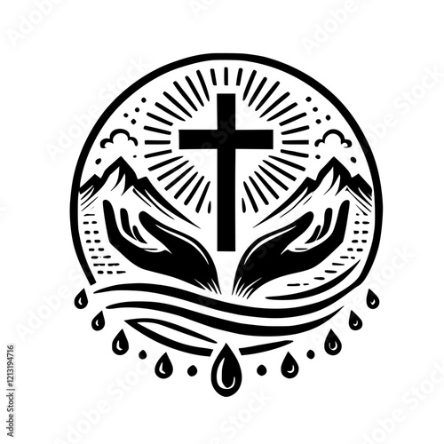 Christian Cross Symbol: Mountains, Hands, and Water. Religious art print representing faith, hope, and peace. Perfect for churches, homes, or gifts.