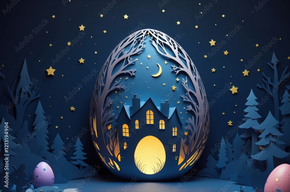 Fototapeta premium Colorful abstract paper cut easter egg(s) illustration with dreamy fantasy landscape and pastel colors decoration, seasonal holiday, culture and religion theme concept texture design.