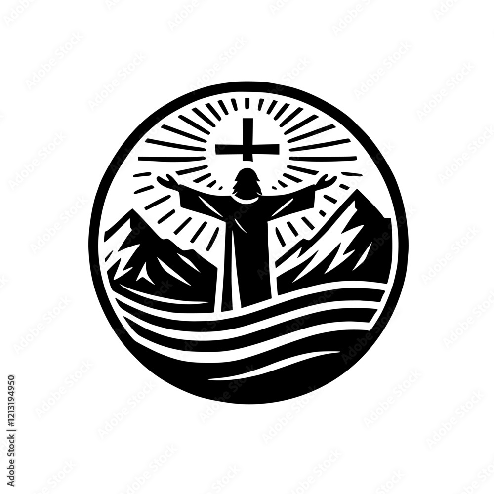 Majestic depiction of Jesus Christ on the water, arms outstretched towards a radiant cross above mountains. A powerful symbol of faith, hope, and divine intervention. Majestic depiction of Jesus Christ on the water, arms outstretched towards a radiant cross above mountains. A powerful symbol of faith, hope, and divine intervention.