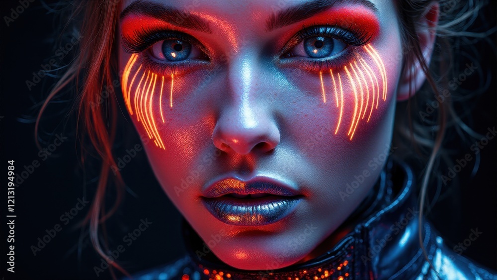 Neon-inspired experimental makeup with glowing orange accents and metallic details, creative and bold. Neon-inspired experimental makeup with glowing orange accents and metallic details, creative and bold.