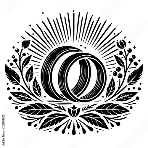 Elegant Black and White Wedding Rings with Floral Design.  A symbol of everlasting love and commitment, perfect for invitations or home decor.