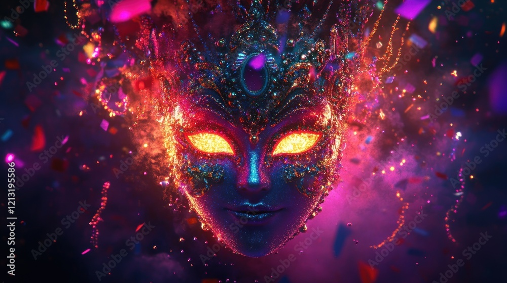 custom made wallpaper toronto digitalMystical mask with glowing eyes surrounded by confetti in vibrant colors and sparkles