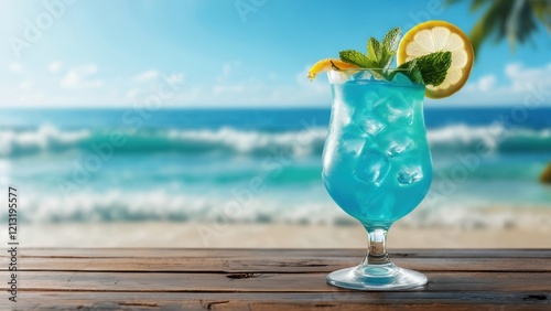 Glass of summer blue cocktail on wooden table on bright blurred background