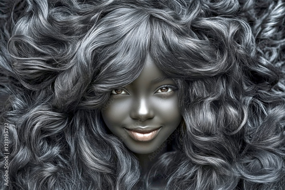 Fototapeta premium Commercial ad campaign idea art. Long coiffure - highlighted hair. Lovely happy black girl - for ads, flyer and digital use. African woman beauty. Black advertising shoot. Advertising concep.