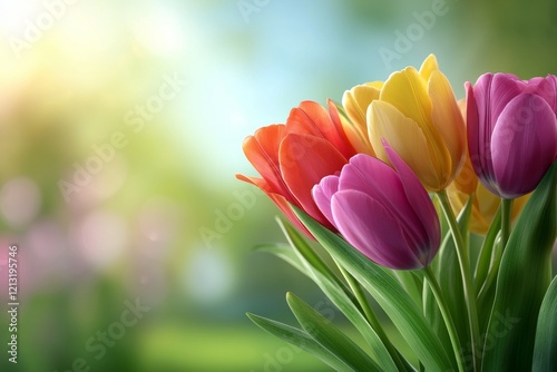 Bouquet of colorful tulips with green stems