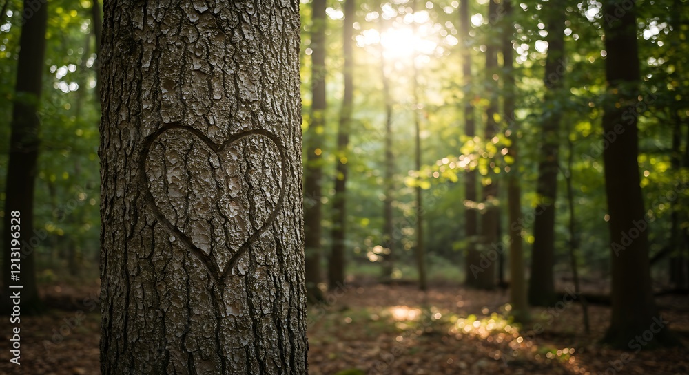 Heart carved into a rustic tree trunk in a sunlit woodland. Bokeh nature. Heart carved into a rustic tree trunk in a sunlit woodland. Bokeh nature.