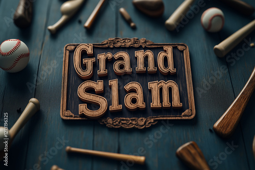 Wooden sign reading Grand Slam surrounded by baseball equipment and bats on a dark wooden surface