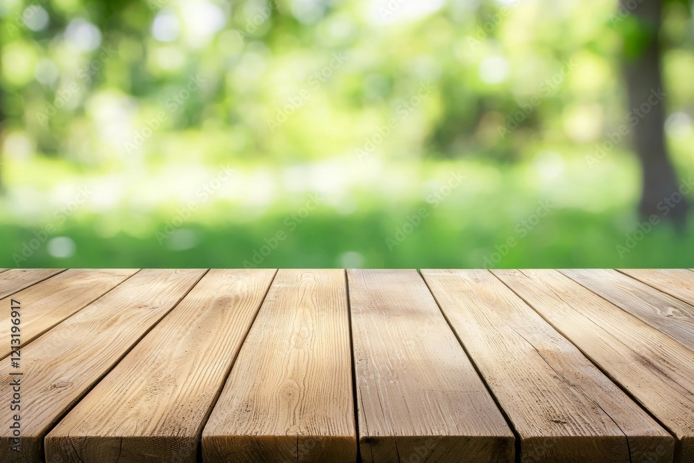 Wooden table with a view of a lush green field Wooden table with a view of a lush green field