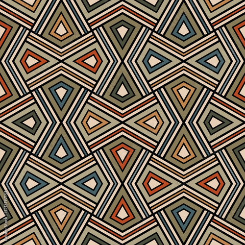 Contemporary ethnic design with geometric multicolored shapes outlined with a black stroke. Mosaic modern composition in vintage colors. Seamless repeating pattern. Abstract vector illustration.