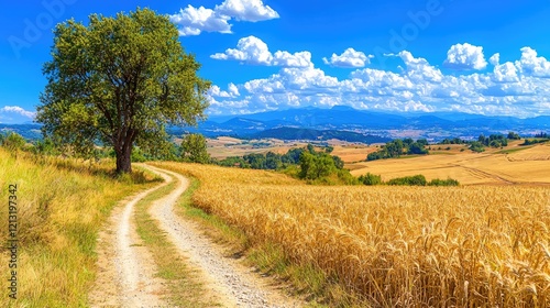 Country road curving through golden wheat field, tree, mountains background; idyllic summer landscape, travel poster