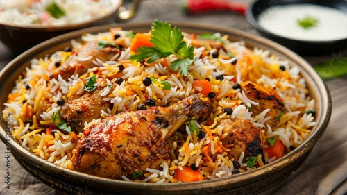 Flavorful Indian chicken biryani with fragrant rice, vibrant vegetables, and fresh herbs, perfect meal bursting with spices for any occasion.