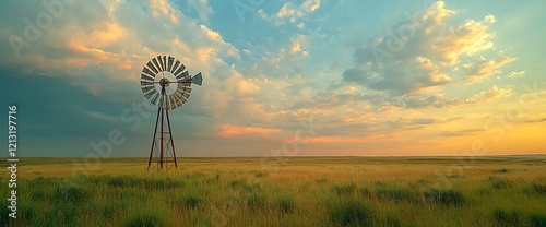 Sunset prairie windmill, peaceful landscape