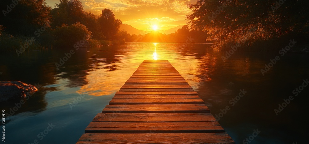 Obraz premium Sunset river dock, calm water, golden hour