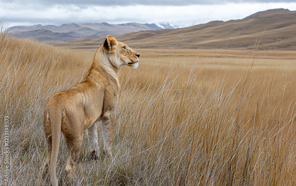 Lioness standing in tall grass, overlooking a vast landscape. Lioness standing in tall grass, overlooking a vast landscape.