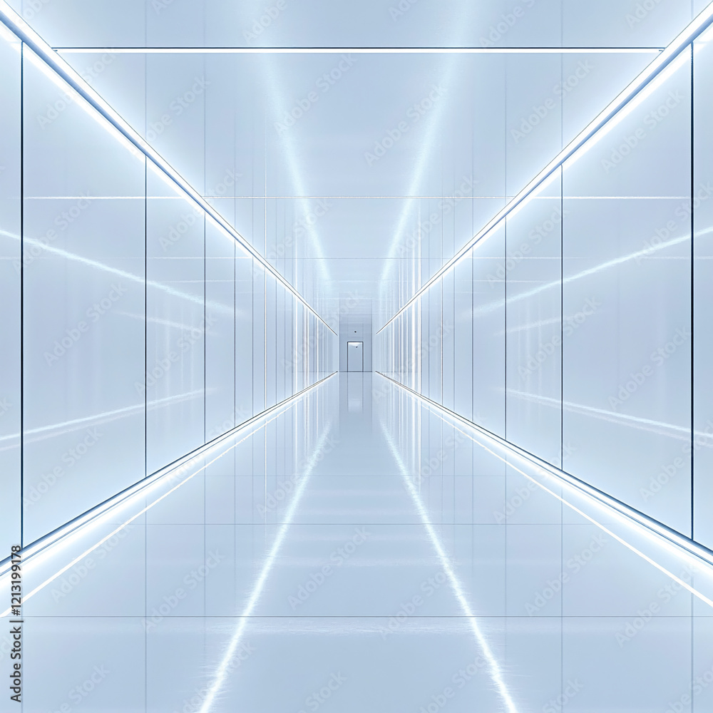 Obraz premium Minimalist Futuristic White Corridor with LED Lights and Symmetrical Design