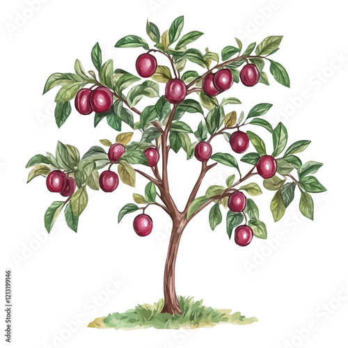 Governors Plum Tree with Fruit – Watercolor Illustration, Botanical Art, Tropical Fruit Painting, Garden-Inspired Artwork, Nature Wall Decor
