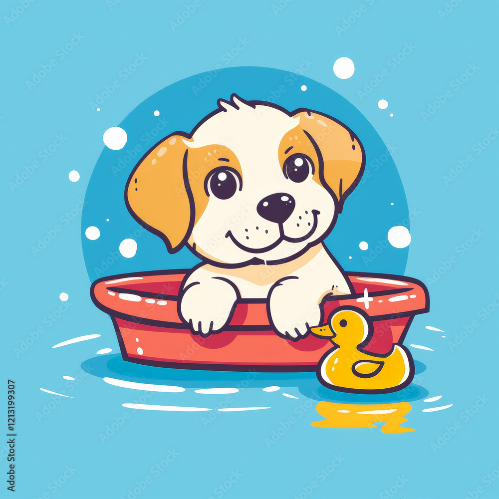Adorable puppy in red boat with rubber duck, enjoying playful moment Adorable puppy in red boat with rubber duck, enjoying playful moment