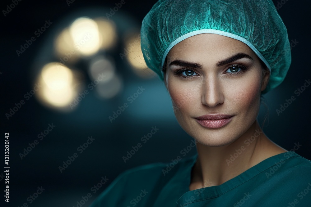 Confident female caucasian adult surgeon in scrubs with surgical cap Confident female caucasian adult surgeon in scrubs with surgical cap