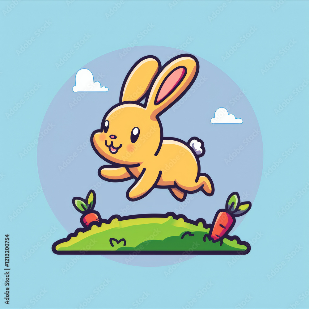 Obraz premium Cute rabbit hopping around garden filled with carrots and greenery