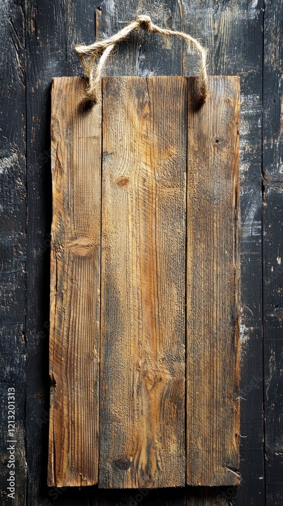A rustic wooden board with a rope handle, suitable for signage or decoration. A rustic wooden board with a rope handle, suitable for signage or decoration.