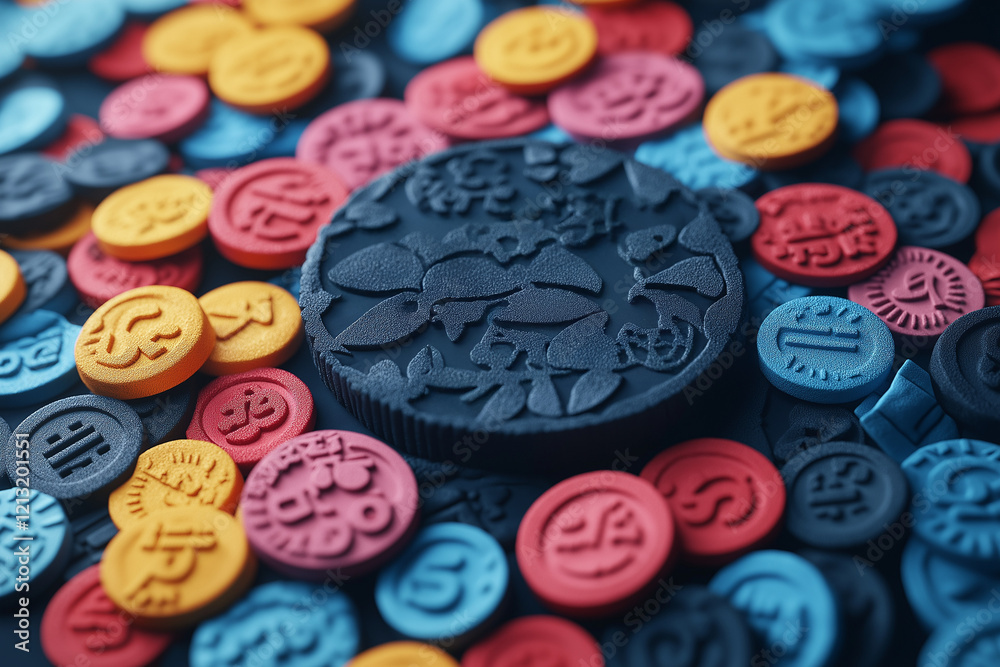 Colorful tokens and game pieces displayed on a dark surface during a tabletop gaming session at night Colorful tokens and game pieces displayed on a dark surface during a tabletop gaming session at night