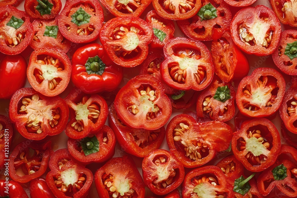 A close-up of sliced red bell peppers showcasing their seeds and vibrant color. A close-up of sliced red bell peppers showcasing their seeds and vibrant color.