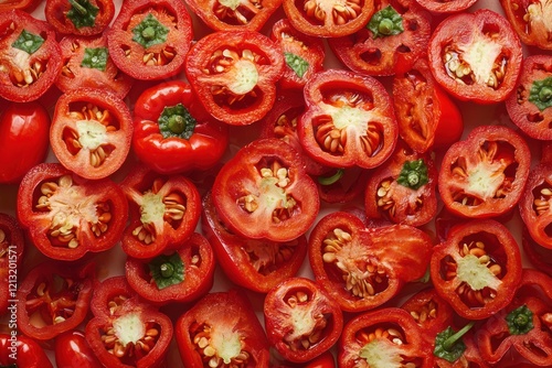 A close-up of sliced red bell peppers showcasing their seeds and vibrant color.