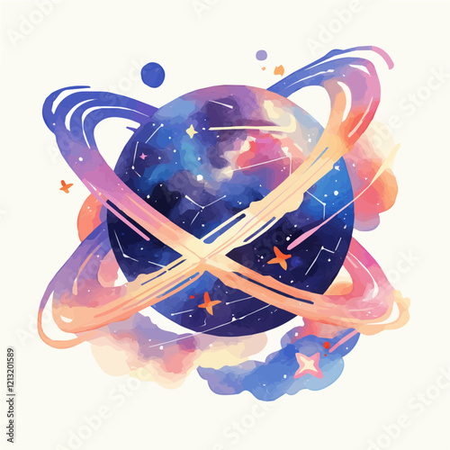 Gravitational Force Concept – Watercolor Illustration, Space Phenomenon Art, Physics-Inspired Artwork, Scientific Concept Design, Cosmic Energy Visualization
