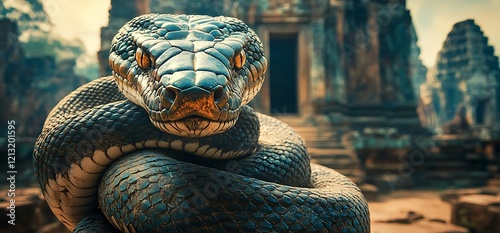 Temple snake coiled, ancient ruins backdrop. Wildlife, travel, nature photography photo