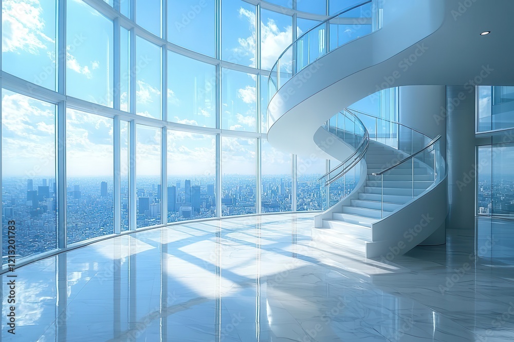 Obraz premium minimalist glass skyscraper interior featuring floating spiral staircase chrome accents and dramatic shadows cast by floortoceiling windows