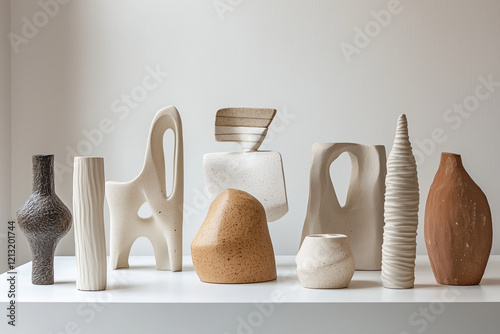 modern art exhibition, minimalist vase-like sculptures on a white table.