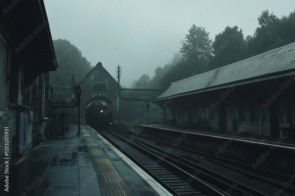 Obraz premium In the stillness of a fog-shrouded night, an abandoned train station echoes with whispers of spectral lore