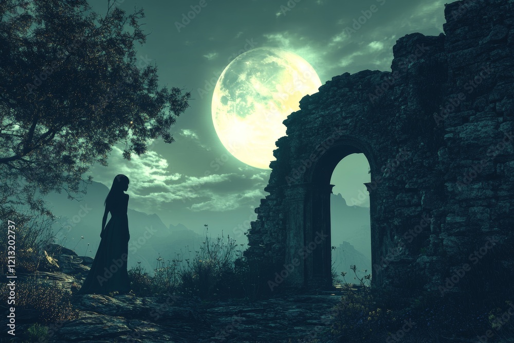 Under the moon's eerie glow, a shadowy figure approaches a forbidding door, generating a haunting sense of foreboding Under the moon's eerie glow, a shadowy figure approaches a forbidding door, generating a haunting sense of foreboding