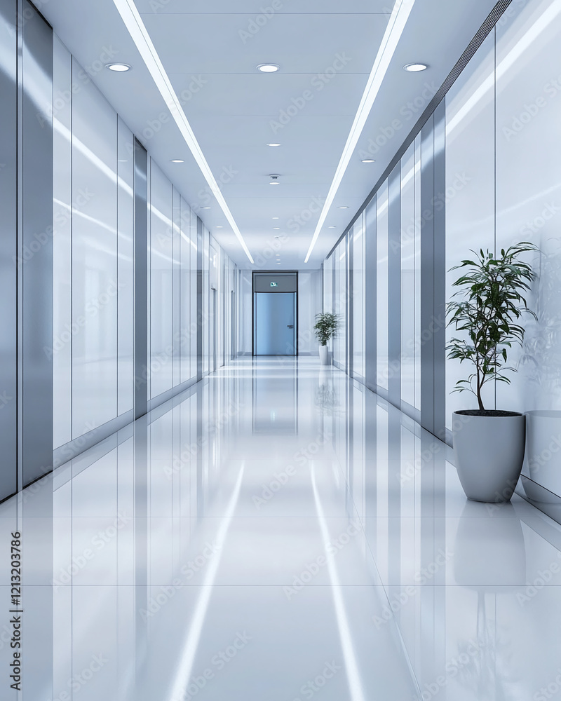 Fototapeta premium Modern Minimalist Hallway with Reflective Floors and Indoor Plants