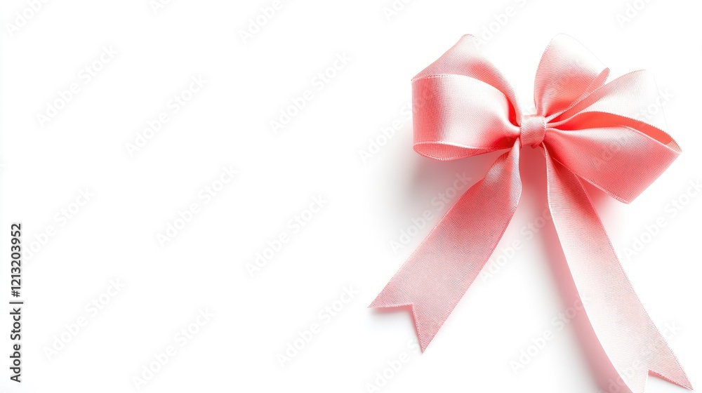 Pink ribbon bow on white background, gift wrapping detail, holiday celebration, minimalist design Pink ribbon bow on white background, gift wrapping detail, holiday celebration, minimalist design