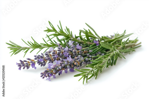 Clean arrangement of lavender and rosemary sprigs on a modern white backdrop