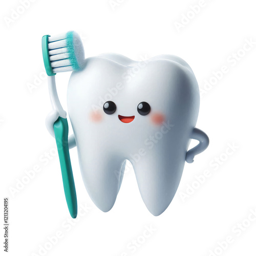 Tooth with toothbrush isolated on transparent background, png
