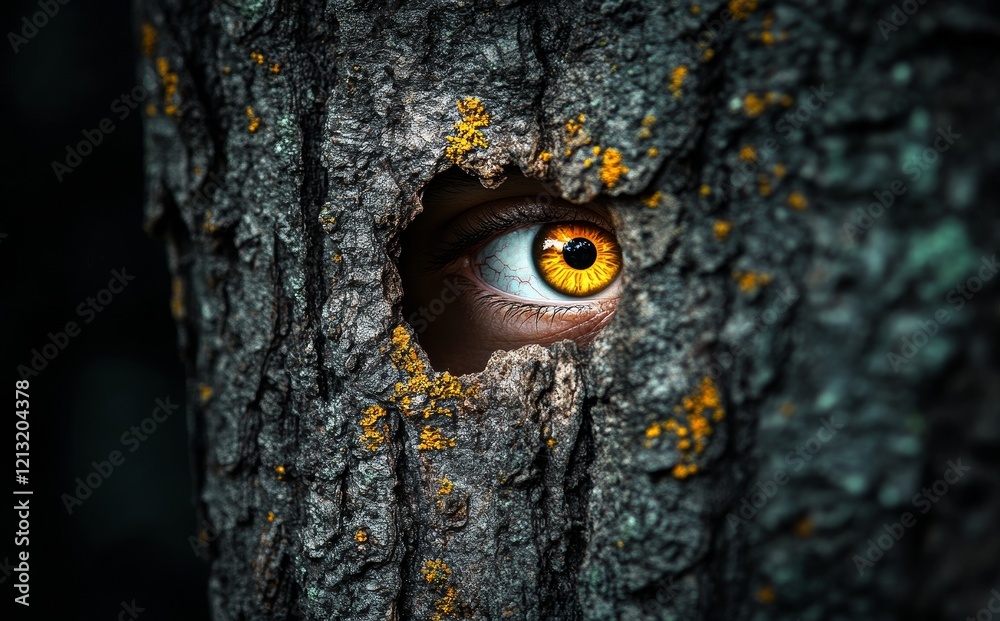 A spooky eye glares through a hole in the tree trunk, perfect for a Halloween and horror-themed book cover, banner, or background A spooky eye glares through a hole in the tree trunk, perfect for a Halloween and horror-themed book cover, banner, or background