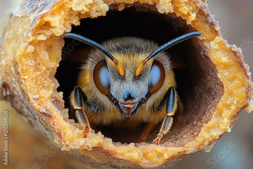 Delicate Moment: Close-Up of a Mason Bee Emerging from a Hollow Stem in Nature's Beauty