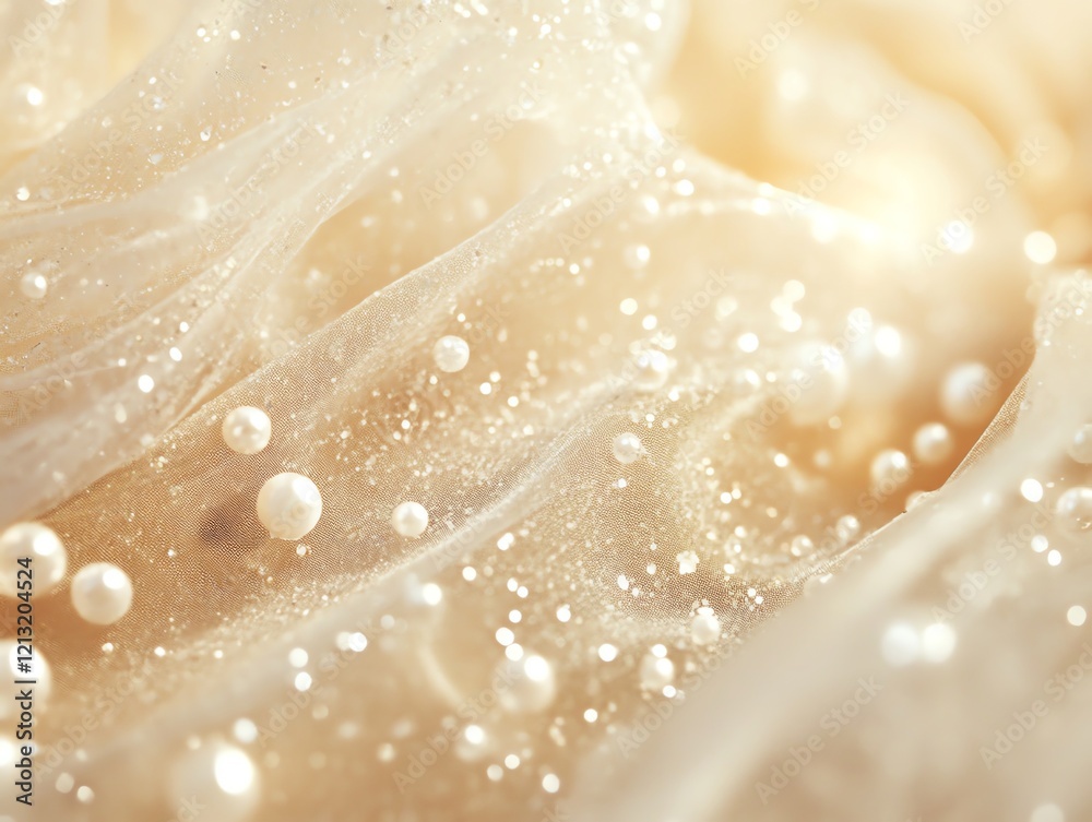 Close-up of shimmering pearls on delicate, creamy fabric. Luxurious texture. Close-up of shimmering pearls on delicate, creamy fabric. Luxurious texture.