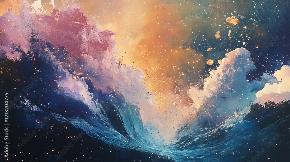 Fototapeta premium Open book with stars and cosmic magic pouring out into the sky