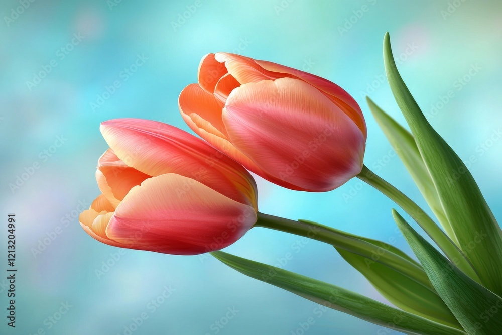 Fototapeta premium Two pink tulips are in a vase with green leaves