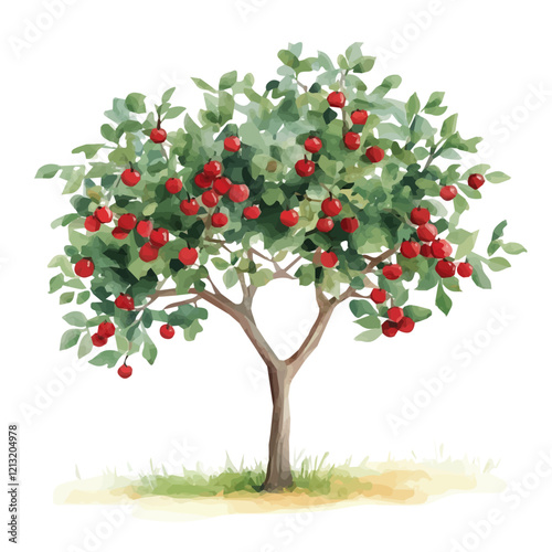 Hawthorn Tree with Fruit – Delicate Watercolor Vector Illustration for Artistic Creations  
