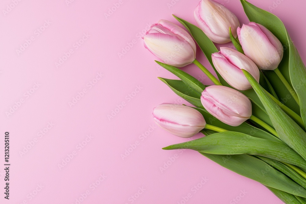 Pink tulips with green leaves on a pink background Pink tulips with green leaves on a pink background