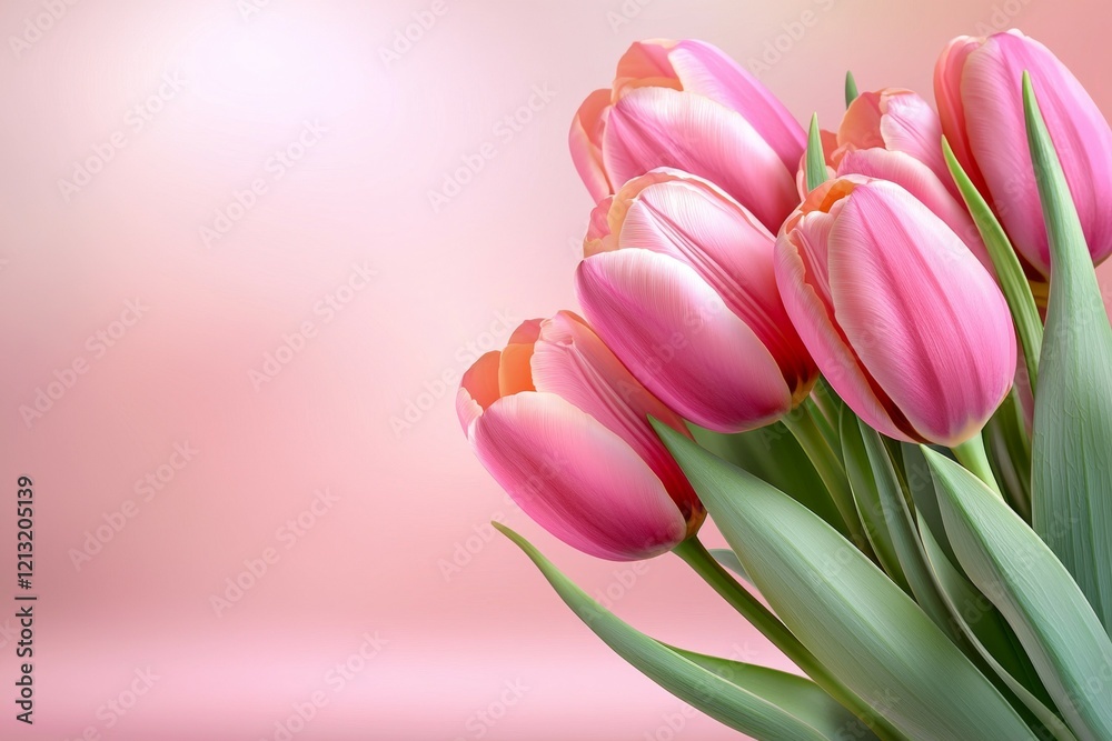 Fototapeta premium Bouquet of pink tulips is displayed on a pink background