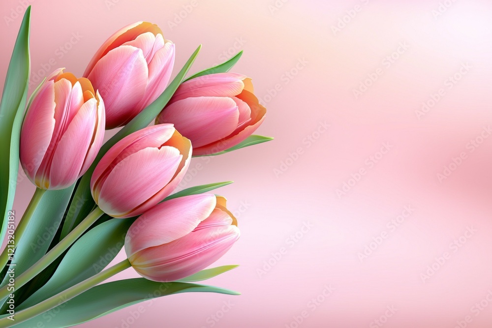 Fototapeta premium Bouquet of pink tulips is arranged in a vase
