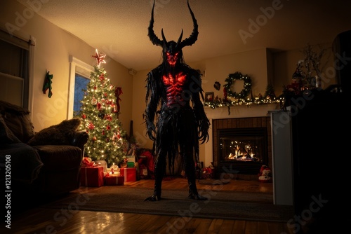 The mythical creature Krampus is in the Christmas home, about to deliver a terrifying lesson to misbehaved children during the holiday night photo