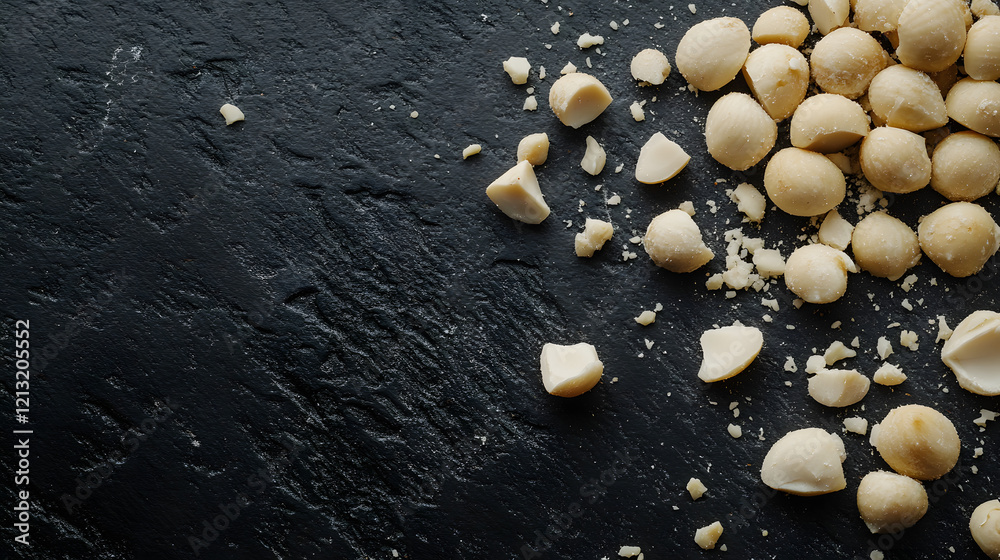Fototapeta premium A flat lay of macadamia nuts and their broken shells on a matte dark gray background, showcasing raw and natural textures.