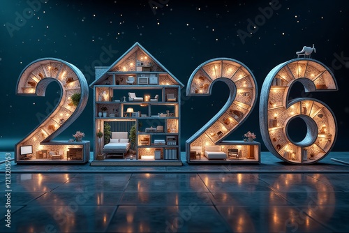 2026 constructed as a multi-story building, lit up against a starry night. New Year concept.